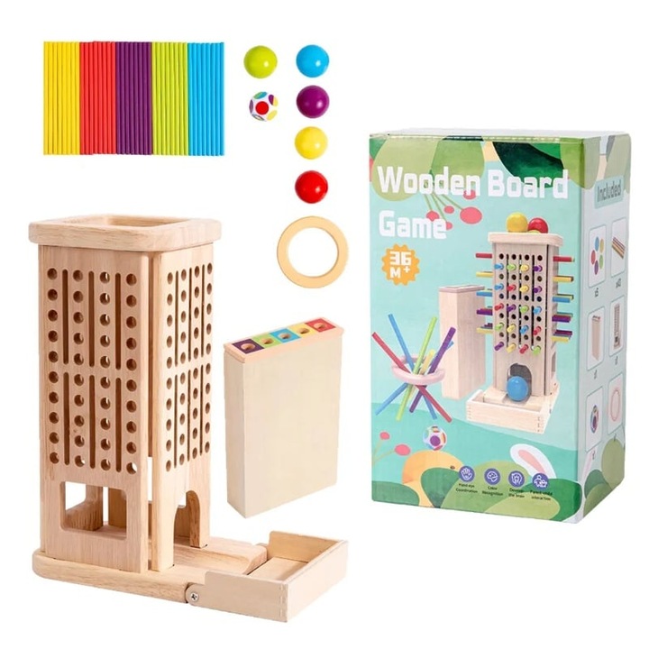 Joc educativ Mixbo, Turn din lemn cu betisoare colorate si bile, 40 betisoare, multicolor, 21x17, 2x9, 5cm
