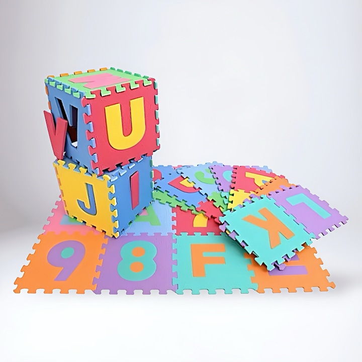 Covoraș puzzle din spumă 36 piese cu litere și numere, culori vibrante, 34x23x4cm, set educațional pentru copii