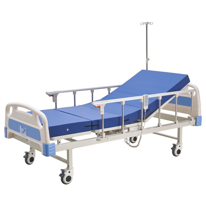 Pat medical electric de spital, Doua functii, Reglaj spatar si suport picioare, Roti cu frana 12, 7 cm, Saltea din spuma cu densitate mare, Sarcina maxima 250 kg, Pentru domiciliu