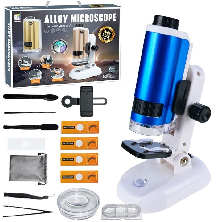 Microscop educational cu accesorii, marire 100x-250x, iluminare LED, suport smartphone, set pentru experimente