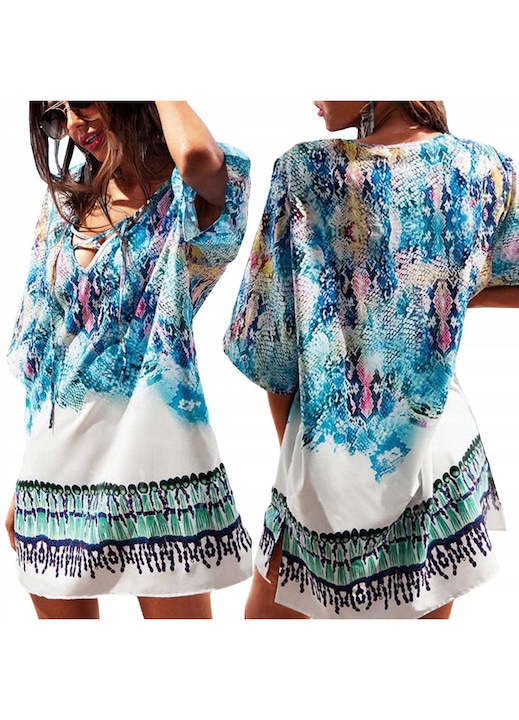 Tunica plaja, SNM, imprimeu animalier, stil boho aerat, decolteu V cu snur, material usor transparent, croi lejer, protectie soare, culori