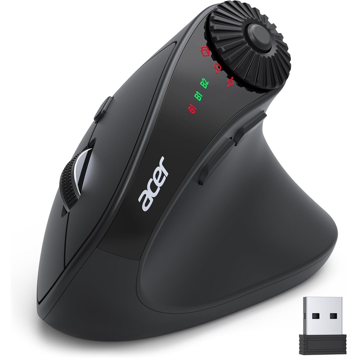 Mouse Wireless vertical Acer, Bluetooth 5.2 + 2.4GHz, 4000 DPI, 8 butoane, rotita scroll laterala, conectare 3 dispozitive, ergonomic 59°, negru