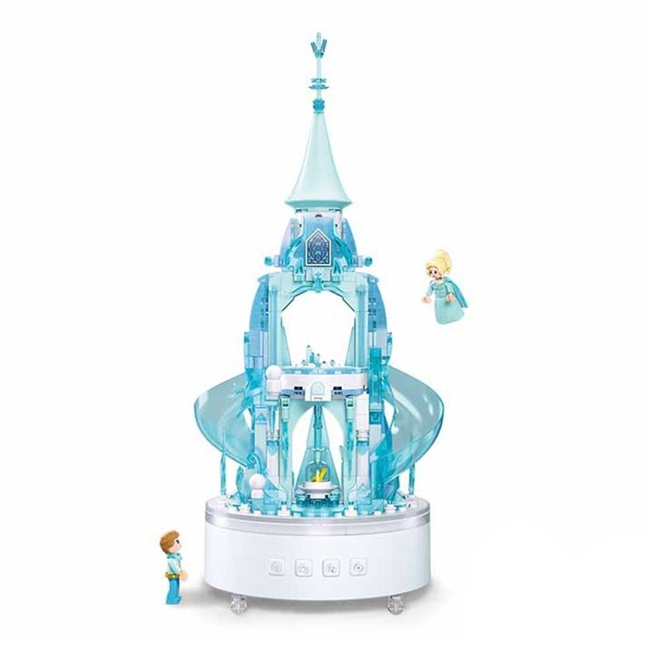 Set de Constructie Sluban Music Box, Castelul de Gheata, 420 Piese, Cutie Muzicala Rotativa cu Lumina 2500K, 13 Melodii si 2 Figurine, 8-14 Ani