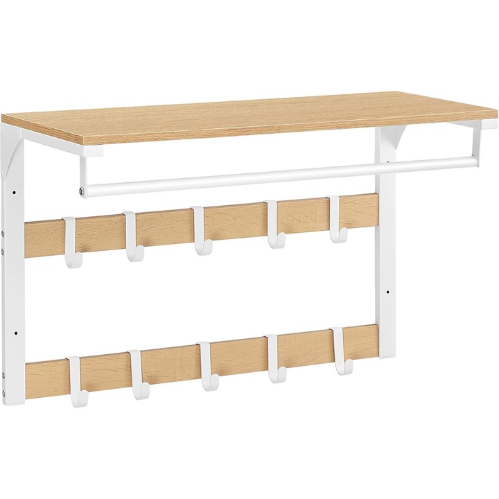 VASAGLE Стенна закачалка с рафт, 10 подвижни куки, релса за дрехи, 30x65x42см, дъб и бяло