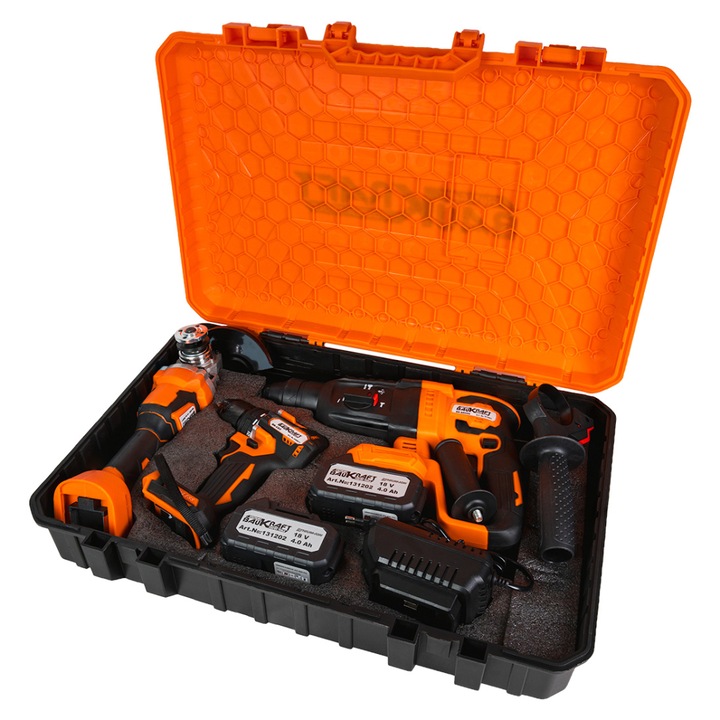 Акумулаторен Комплект Baukraft BK-AGCDRH3, Ъглошлайф, Бормашина и Перфоратор, 18V, с включени батерии 2x4Ah, зарядно и куфар