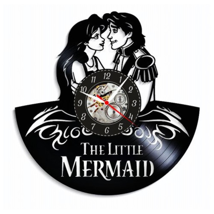 Ceas de perete decorativ - The Little Mermaid - Design Romantic Ariel si Eric - realizat din disc de vinil (Vinyl Record), Negru