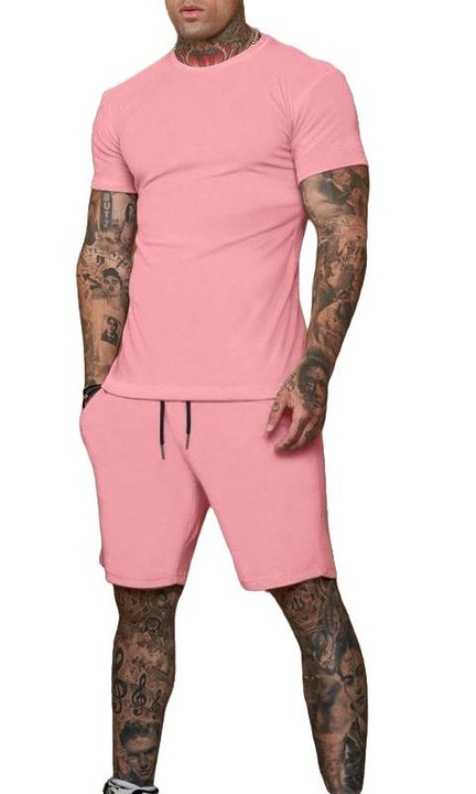Trening lifestyle barbati, pantaloni scurti si maneca scurtawqf, Roz