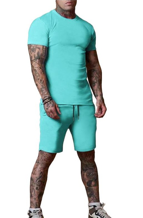 Trening lifestyle barbati, din doua piese, pantaloni scurti si maneca scurta, albastru