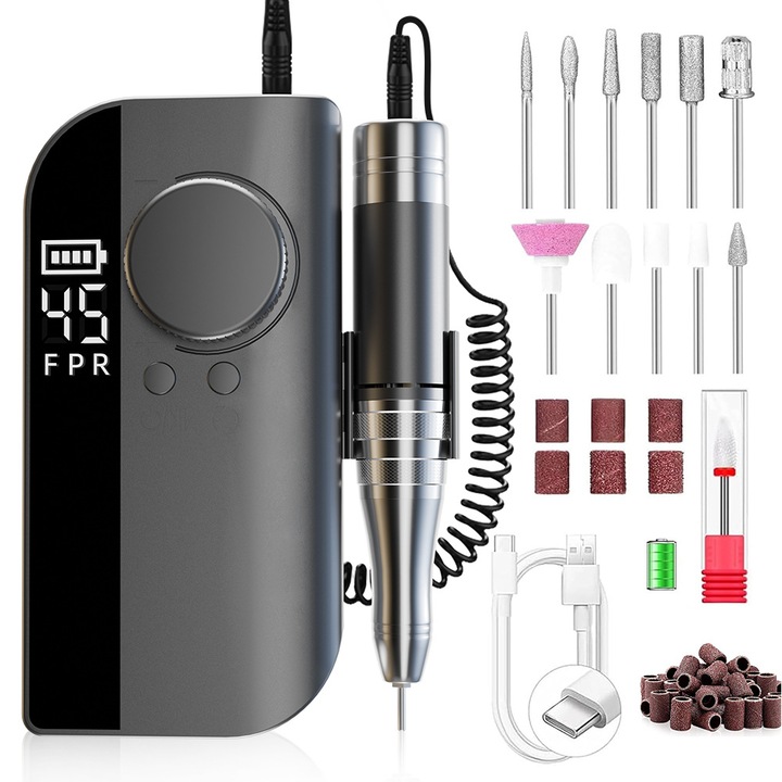 Freza de unghii electrica, portabila, metal, 4500 RPM, 12 capete de slefuit, 36 inele de slefuit, gri