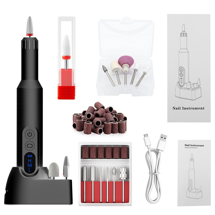 Freza de unghii electrica, portabila, metal, model M3, 12 capete de slefuit, 36 inele de slefuit, negru