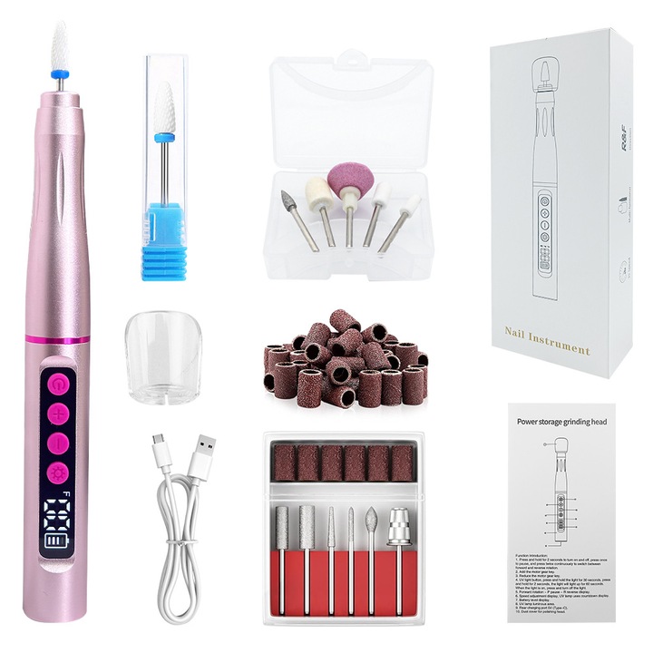 Freza de unghii electrica, portabila, metal, roz aurie, 12 capete de slefuit, set 36 inele de slefuit