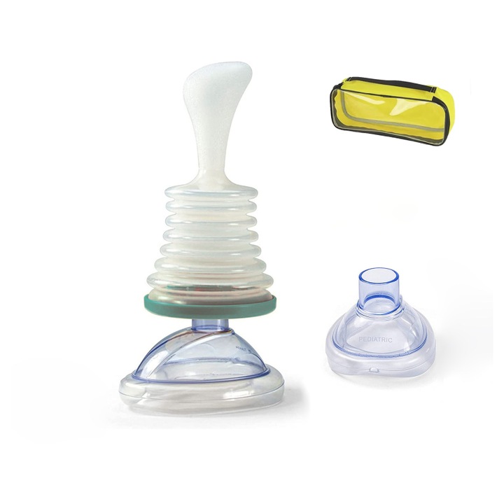 Masca de salvare pentru asfixie, set adult/copil, verde, cu geanta de calatorie galbena