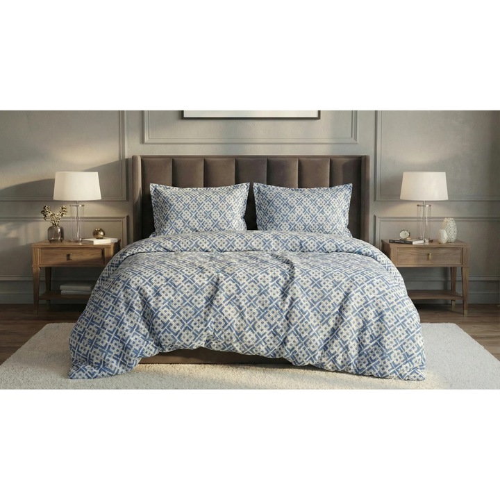 Lenjerie pat dublu extra large, Ralex Pucioasa, 100% Bumbac, Alb/Albastru, set 240x260 cm, pilota 200x230 cm, 2 fete perna 50x70 cm