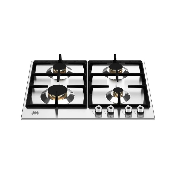 Plita incorporabila pe gaz Bertazzoni, colectie Professional, 60 cm, 8.5 kW, 4 arzatoare, arzator rapid 3 kW, 2 arzatoare semi-rapide 1.75 kW, arzator auxiliar, grilaje din fonta solida, panou de control cu comutatoare rotative, aprindere electrica, inox