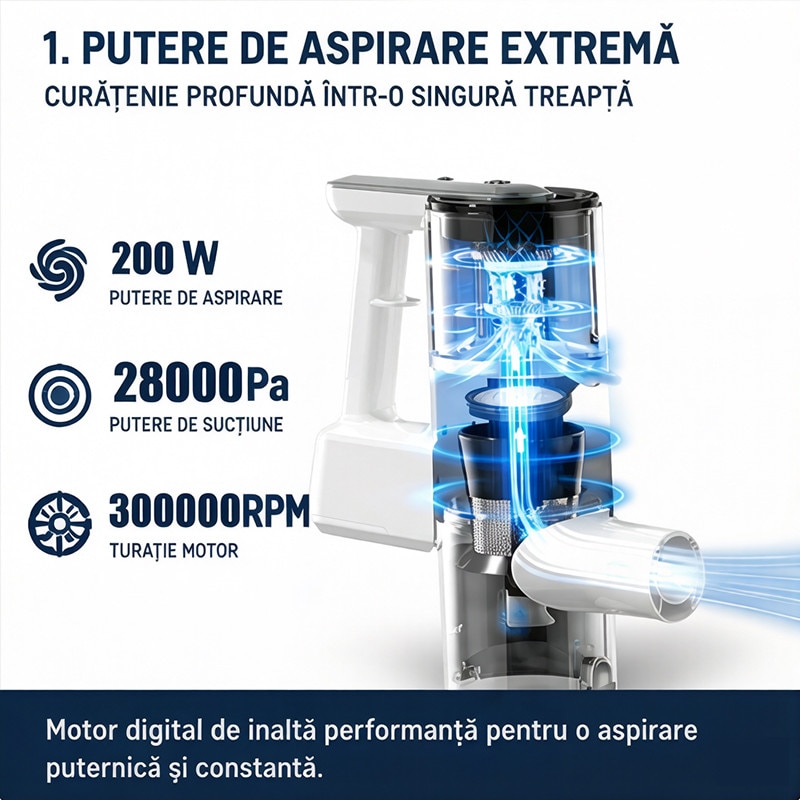 Aspirator vertical fara fir 4 in 1, 200 W, 28000Pa, autonomie 35 min, filtrare 99.9%, cap flexibil 270°, tub flexibil, perie cu LED, 300000 RPM, baterie 2600 mAh, aspirator vertical cu filtru HEPA in 5 etape, suport de perete cu incarcare, perii multiple