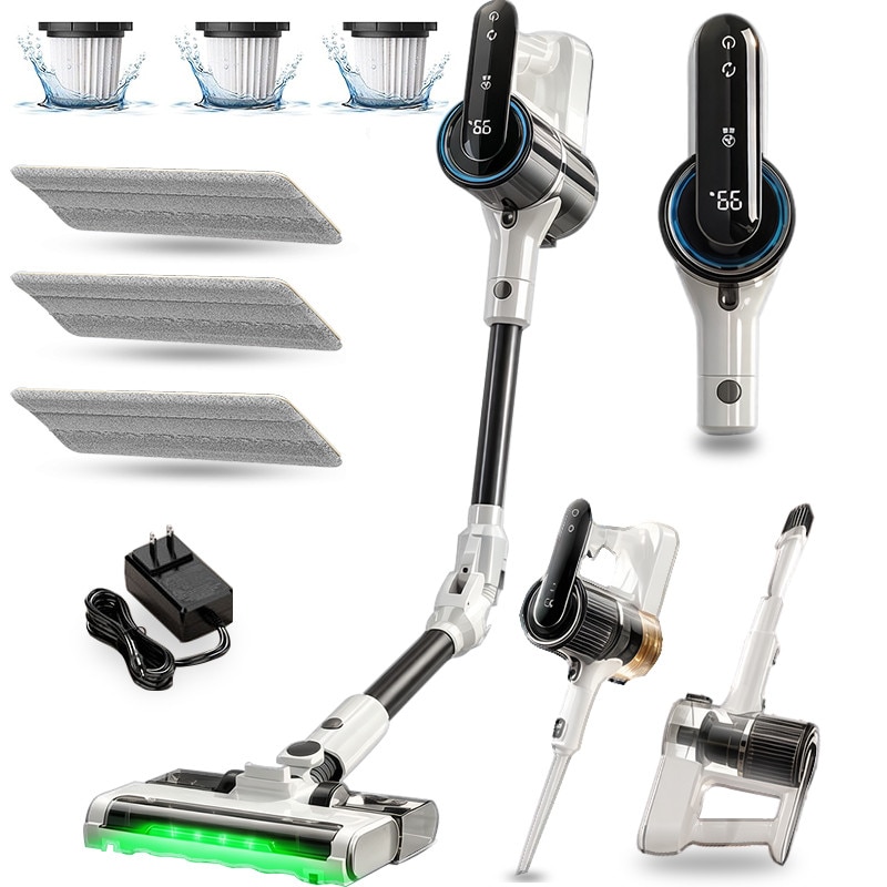 Aspirator vertical fara fir 4 in 1, 200 W, 28000Pa, autonomie 35 min, filtrare 99.9%, cap flexibil 270°, tub flexibil, perie cu LED, 300000 RPM, baterie 2600 mAh, aspirator vertical cu filtru HEPA in 5 etape, suport de perete cu incarcare, perii multiple