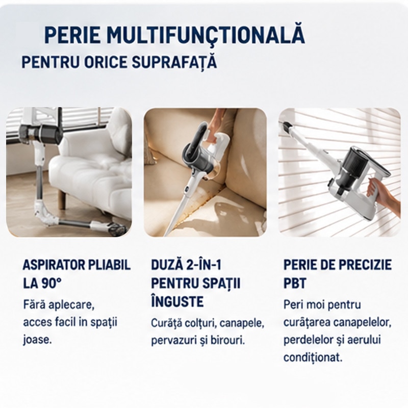 Aspirator vertical fara fir 4 in 1, 200 W, 28000Pa, autonomie 35 min, filtrare 99.9%, cap flexibil 270°, tub flexibil, perie cu LED, 300000 RPM, baterie 2600 mAh, aspirator vertical cu filtru HEPA in 5 etape, suport de perete cu incarcare, perii multiple