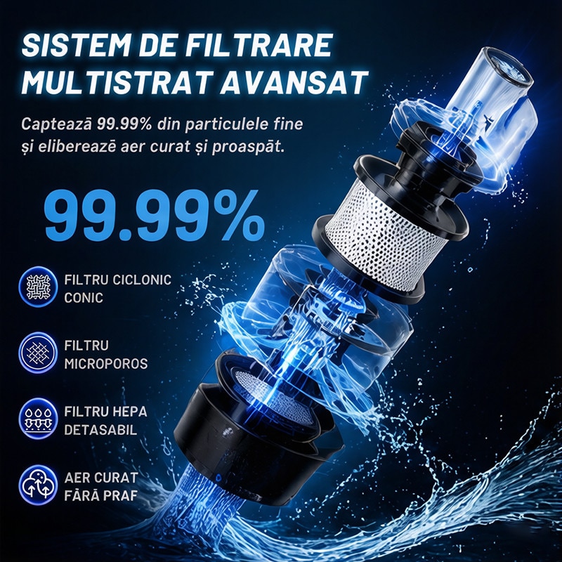 Aspirator vertical fara fir 4 in 1, 200 W, 28000Pa, autonomie 35 min, filtrare 99.9%, cap flexibil 270°, tub flexibil, perie cu LED, 300000 RPM, baterie 2600 mAh, aspirator vertical cu filtru HEPA in 5 etape, suport de perete cu incarcare, perii multiple