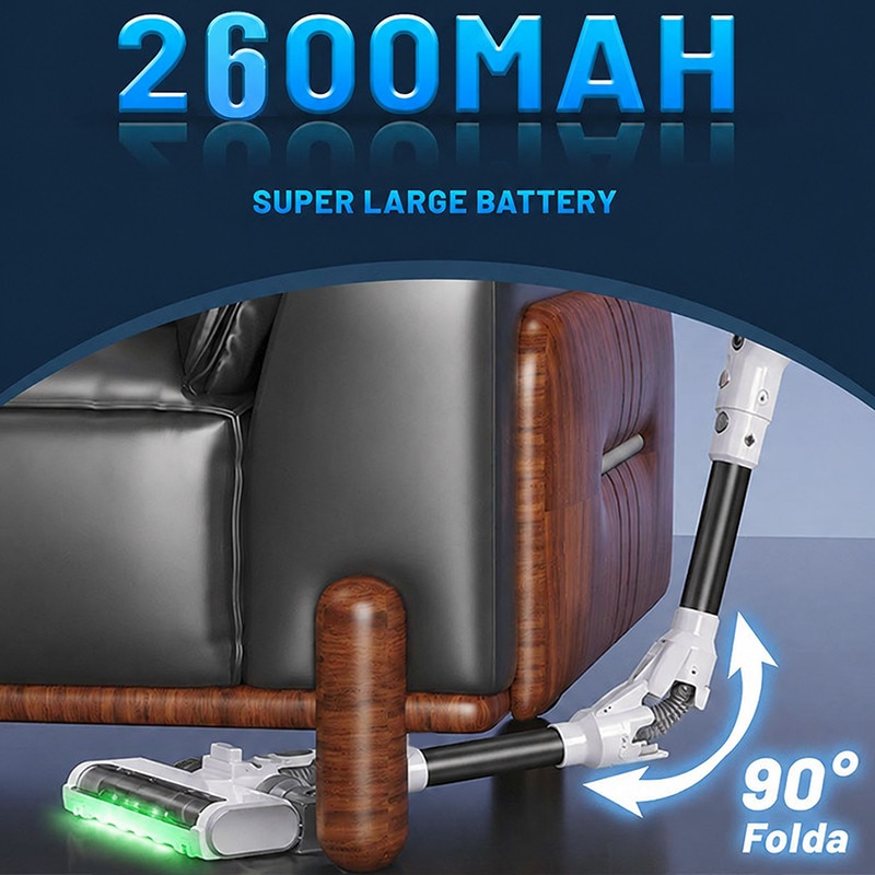 Aspirator vertical fara fir 4 in 1, 200 W, 28000Pa, autonomie 35 min, filtrare 99.9%, cap flexibil 270°, tub flexibil, perie cu LED, 300000 RPM, baterie 2600 mAh, aspirator vertical cu filtru HEPA in 5 etape, suport de perete cu incarcare, perii multiple