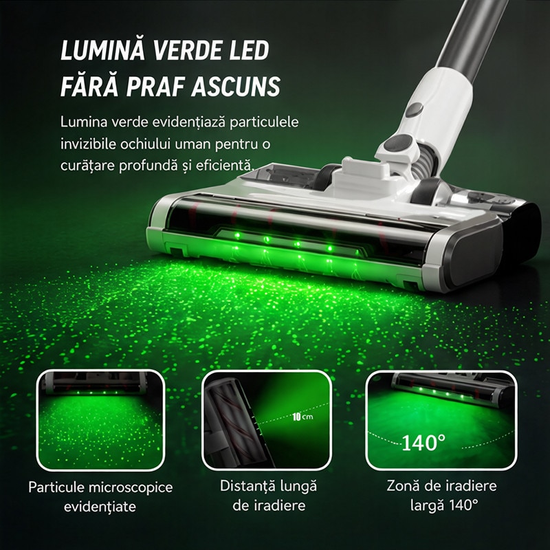 Aspirator vertical fara fir 4 in 1, 200 W, 28000Pa, autonomie 35 min, filtrare 99.9%, cap flexibil 270°, tub flexibil, perie cu LED, 300000 RPM, baterie 2600 mAh, aspirator vertical cu filtru HEPA in 5 etape, suport de perete cu incarcare, perii multiple