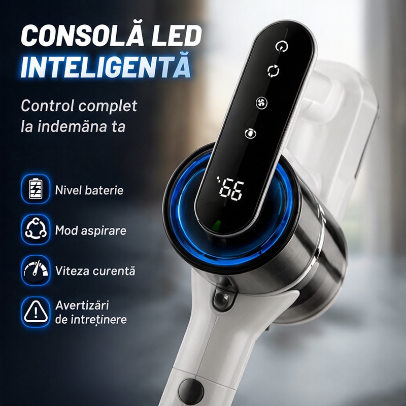 Aspirator vertical fara fir 4 in 1, 200 W, 28000Pa, autonomie 35 min, filtrare 99.9%, cap flexibil 270°, tub flexibil, perie cu LED, 300000 RPM, baterie 2600 mAh, aspirator vertical cu filtru HEPA in 5 etape, suport de perete cu incarcare, perii multiple