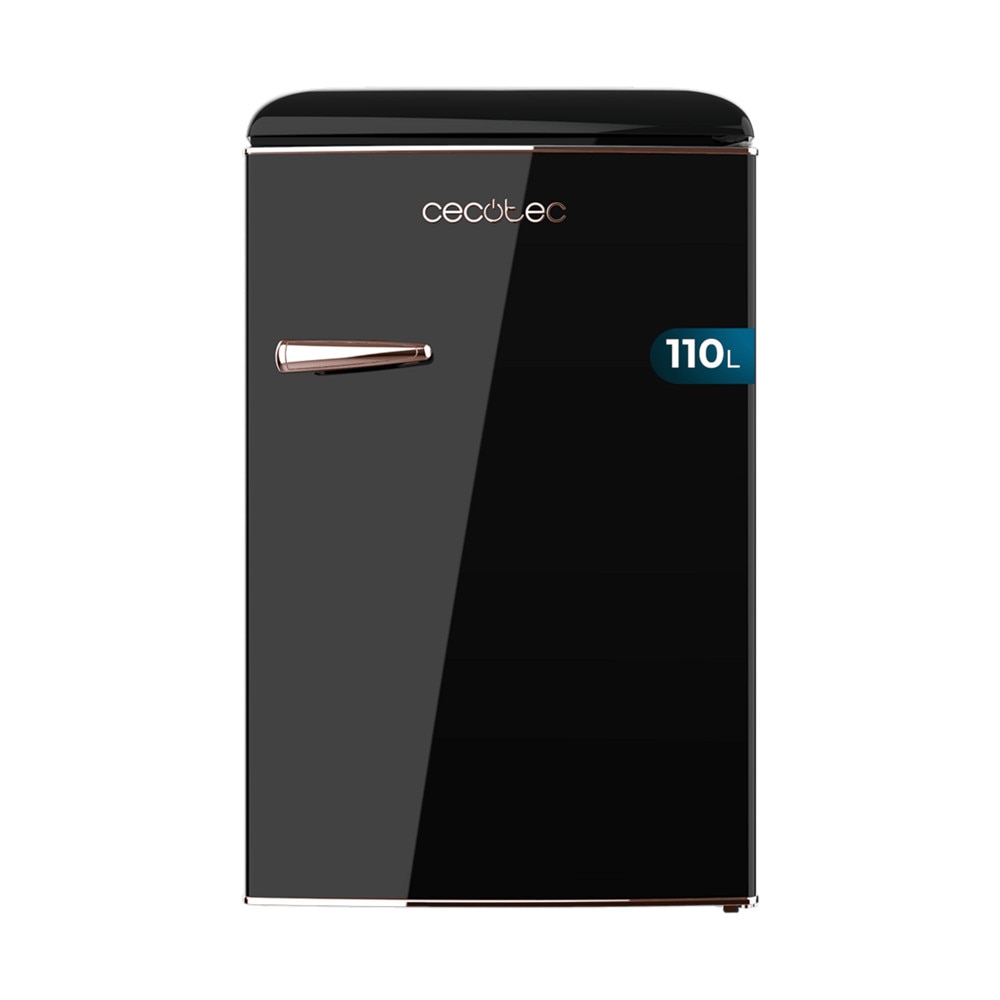 Mini frigider Retro Cecotec, Bolero CoolMarket Mini, 110 litri, termostat reglabil, compartiment congelare Ice Box, 2 rafturi sticla, sertar fructe/legume, 3 compartimente usa, zgomot redus, dezghetare manuala, detalii rose gold, potrivit ruolte, negru