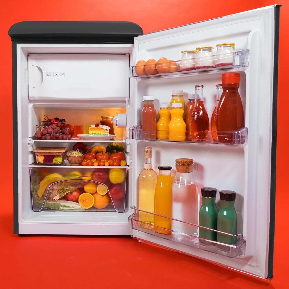 Mini frigider Retro Cecotec, Bolero CoolMarket Mini, 110 litri, termostat reglabil, compartiment congelare Ice Box, 2 rafturi sticla, sertar fructe/legume, 3 compartimente usa, zgomot redus, dezghetare manuala, detalii rose gold, potrivit ruolte, negru