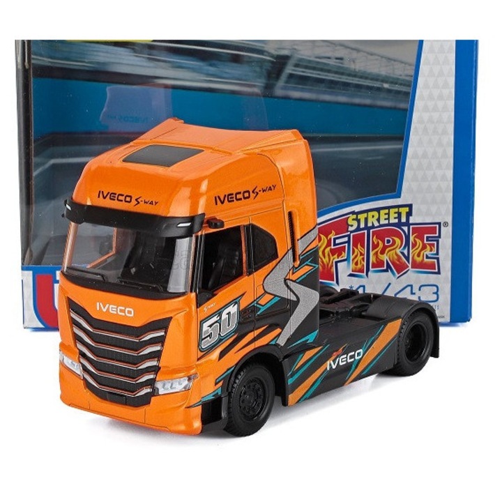 Macheta Camion Iveco S-Way, Bburago, portocaliu, 1/43, metal/plastic