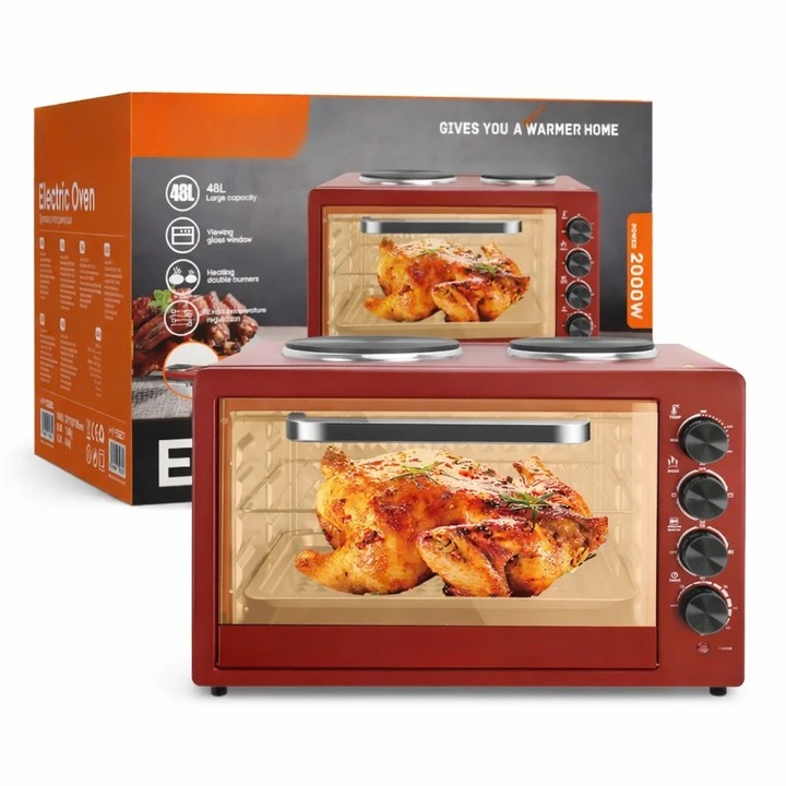 Cuptor Electric 48L, 2000W, cu Plita Dubla, Usa din Sticla, Rosu