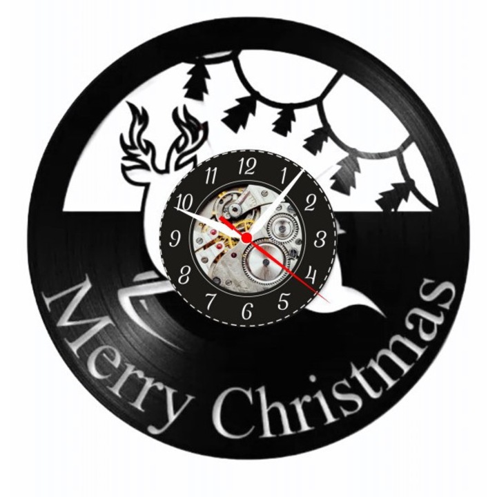 Dekoratív falióra - Merry Christmas Magic - Ünnepi dizájn szarvassal és téli díszekkel - bakelit lemezből (Vinyl Record) készült, fekete, 30 cm