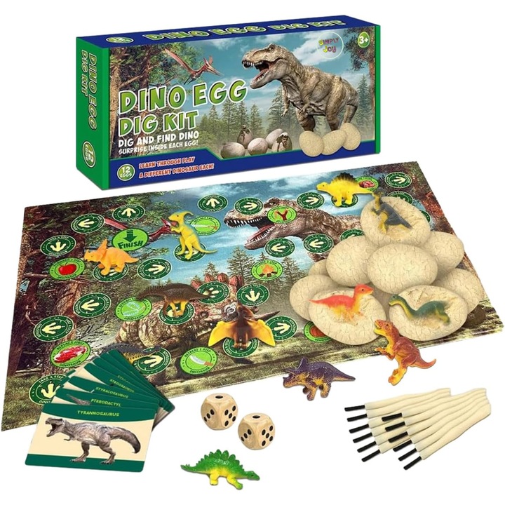 Set arheologic cu 12 oua dinozauri, Simply Joy, Jucarie educativa pentru baieti si fete, include o tabla de joc si zaruri, pentru petreceri si jocuri de familie, Multicolor
