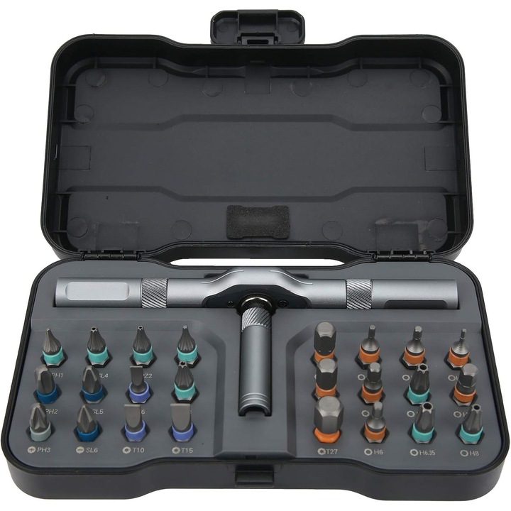Set surubelnite cu maner ratchet, 24 piese, multifunctional, dimensiuni 9x16x3cm, pentru reparatii diverse