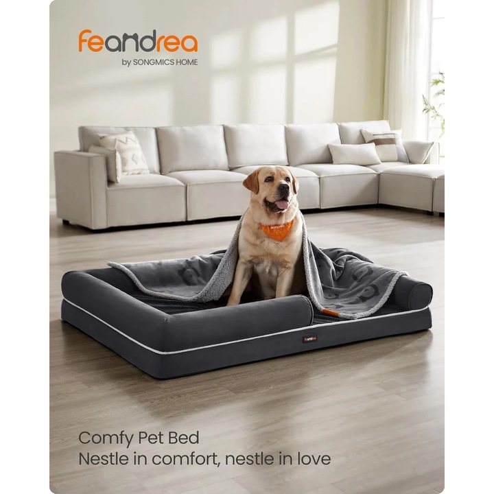 Ортопедично легло за кучета Feandrea, TPU/PU кожа/полипропилен, тъмносиво, 135 x 107 x 25 см