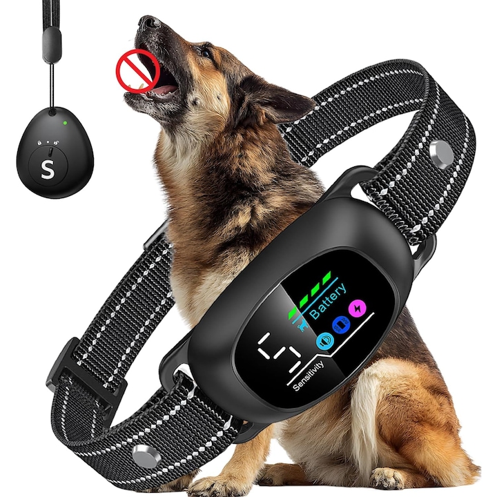 Zgarda electrica anti latrat, Guler dresaj 2-in-1 pentru caini, oprire latrat + telecomanda, reincarcabil, rezistenta la apa IP67, moduri vibratie/soc/sonor, pentru toate rasele, negru