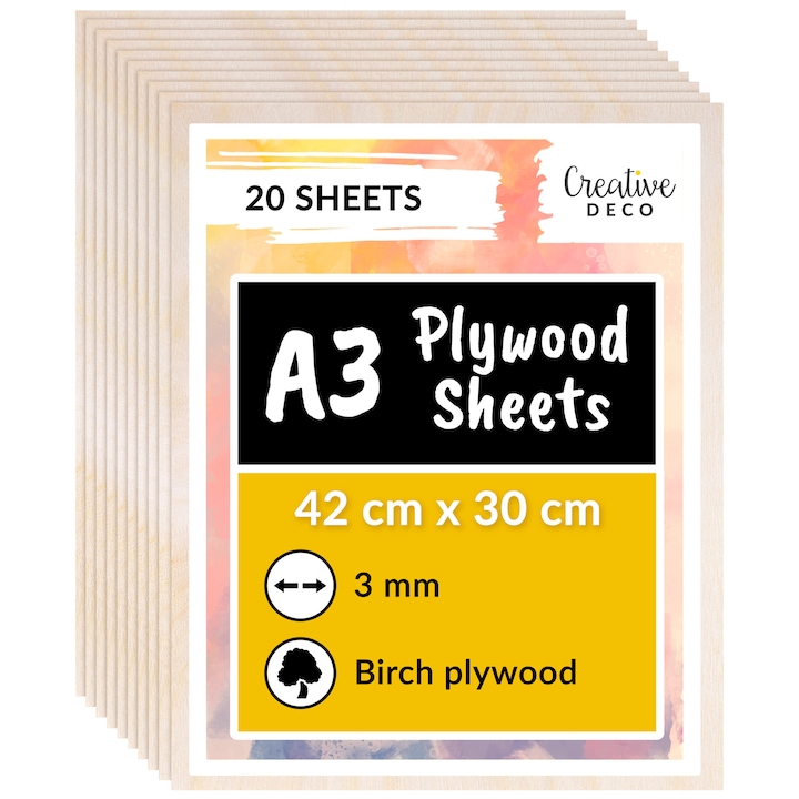 Set 20 Placi Placaj mesteacan Creative Deco, A3, 420 x 300 x 3 mm, Clasa B/B, Ideale pentru Taiere Laser, CNC, Pirogravura si Modelism