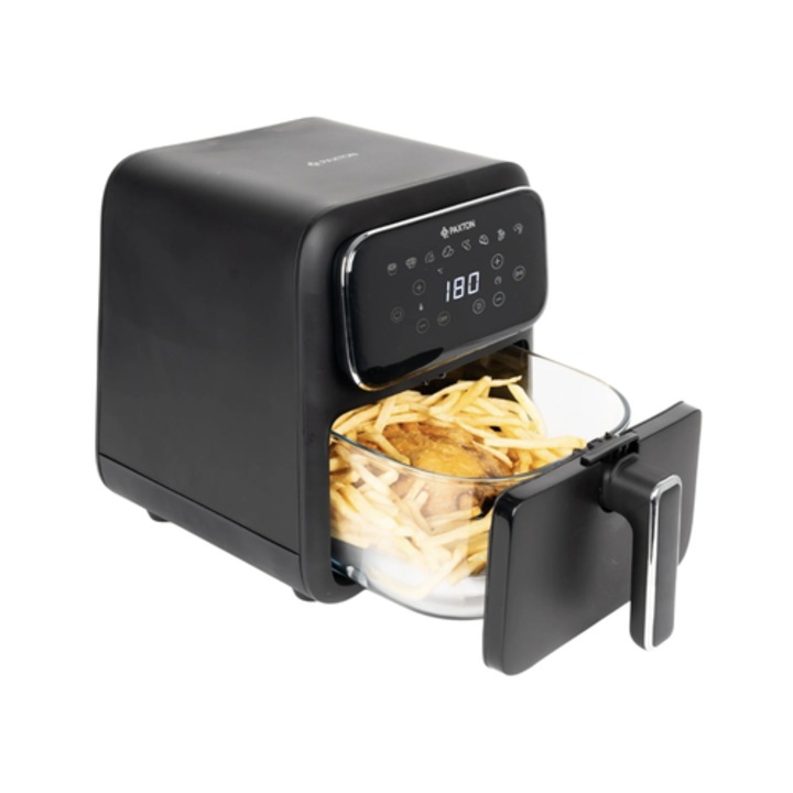Фритюрник с горещ въздух, airfryer, Paxton, 1400 W, 4 литра, 8 програми, таймер, дигитален тъч дисплей, регулируем термостат, температурен диапазон от 80 до 200 градуса, черен