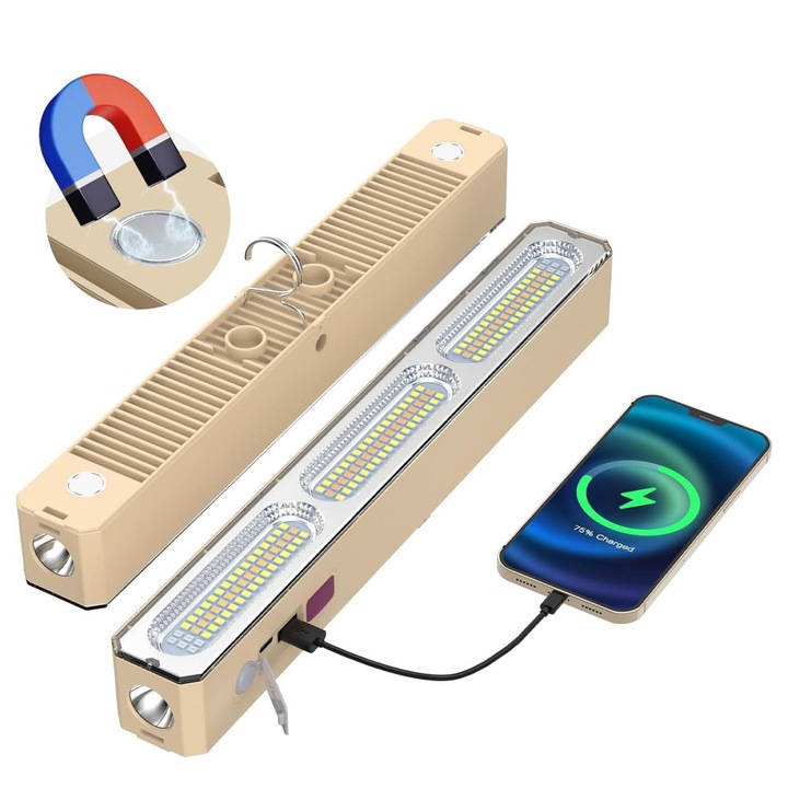 Lumina LED de urgenta portabila, Lanterna LED Camping Urgenta 4000mAh, Power Bank incorporat, Incarcare, IP65, Carlig si Magnet, 50000 Ore, Ideala pentru Activitati Outdoor