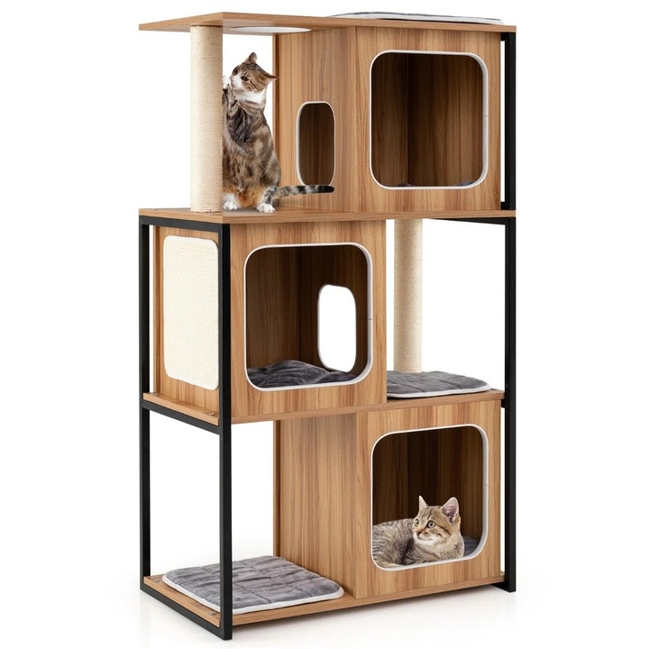 Casa pentru pisici 2 in 1 cu 3 niveluri si perne detasabile cu pestera