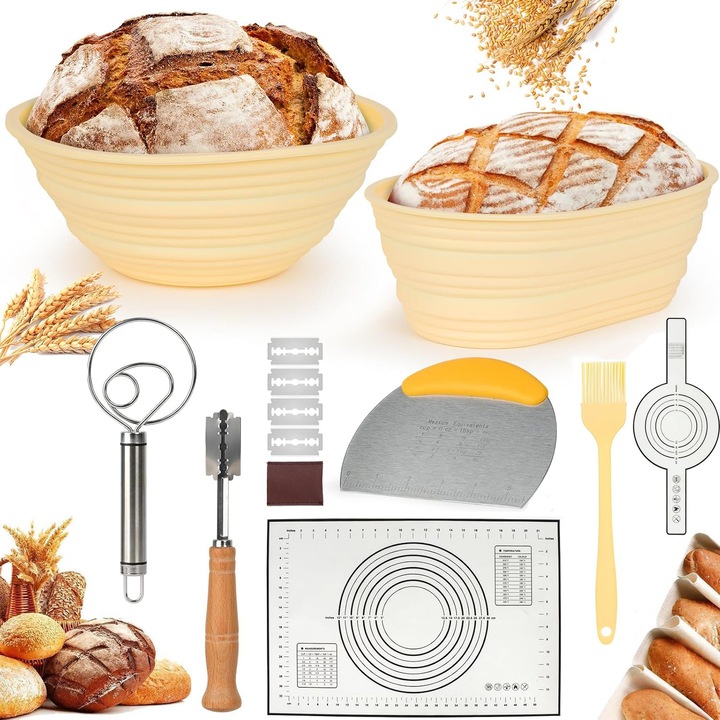 Set De Cosuri Pentru Dospit Pâine CHOOLY, 2 Cosuri Rotunde 23cm și Ovale 25cm, Accesorii Din Silicon, Galben