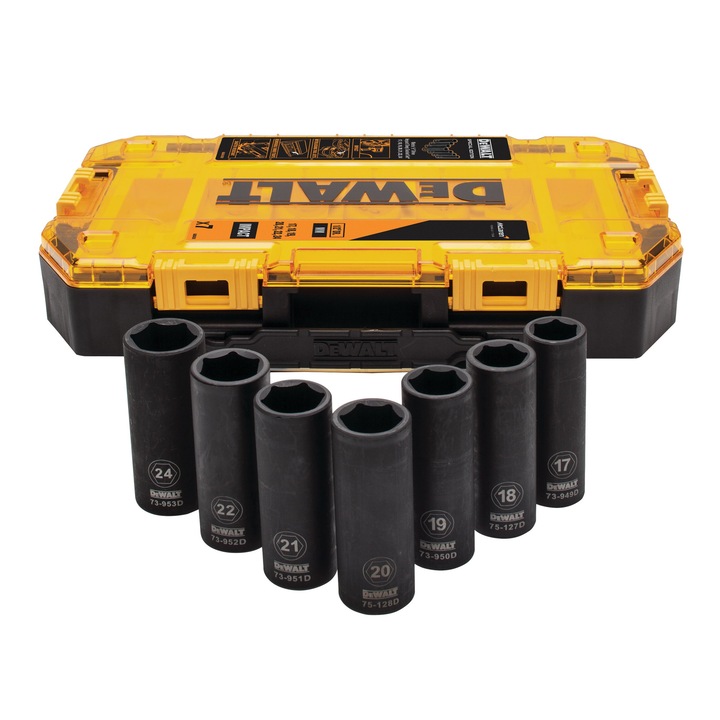 Set 7 tubulare impact metric 1/2 inch DeWALT DT70905, editie speciala McLaren, fabricat din otel CR-440 tratat termic, cu tehnologie DirectTorque pentru contact optim, acoperire cu oxid negru, compatibil cu inel O si pin de retinere