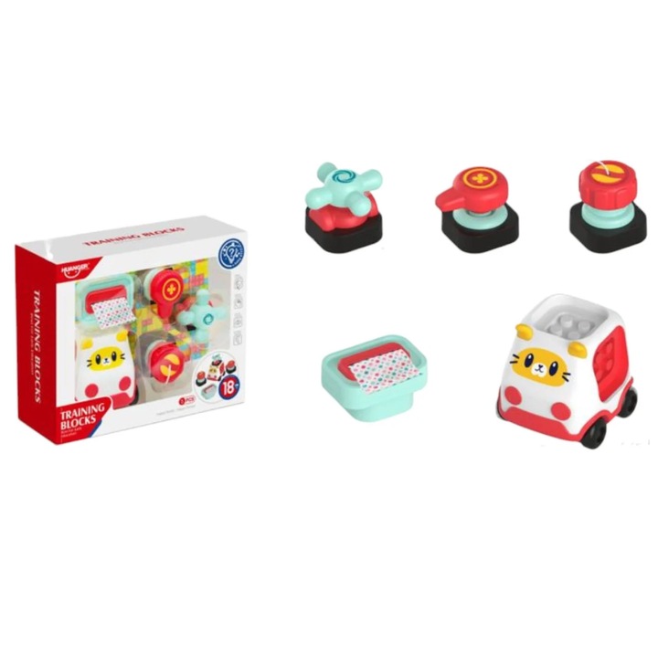 Set 5 piese Jucării Interactive, huanger, Placa Interactiva cu mașinuță și cuburi senzoriale, multicolor, 18 luni+