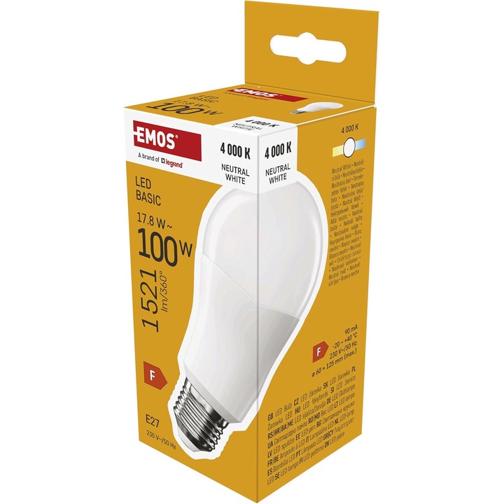 LED крушка EMOS A60, 17.8W, Неутрално бяла 4000K, E27, 1521 Lm, 200°