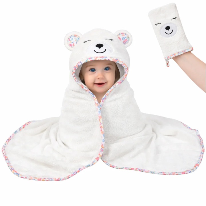 Prosop de Baie cu Gluga pentru Bebelusi din Bambus Super Absorbant si Moale FizioTab®, Tip Halat, 90X100 cm, 0-4 ani, Model Ursulet Alb/Roz Floral, Manusa Inclusa