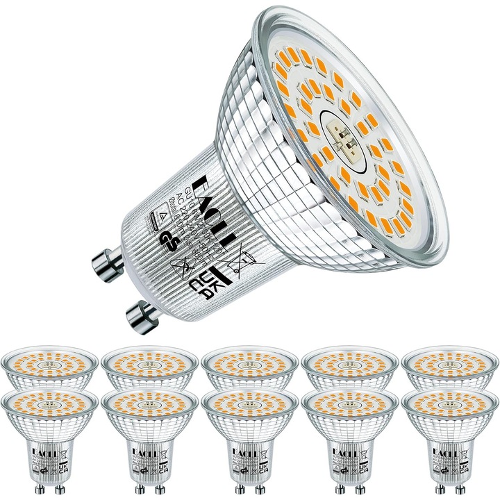 Becuri LED GU10 EACLL 6W Alb Cald, set 10 buc, 660 Lm, 2700K, 50x53mm
