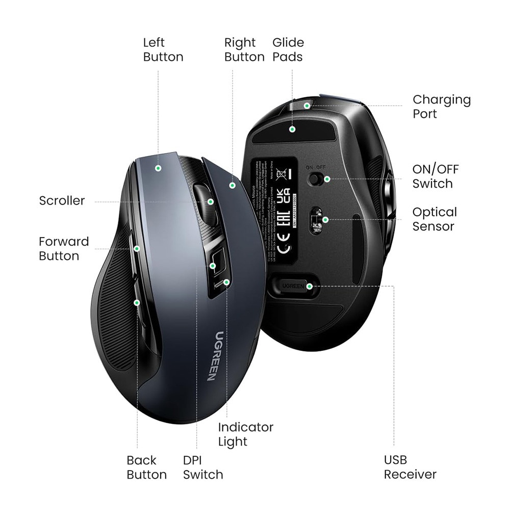 Vezeték nélküli egér, 2.4Ghz, Bluetooth, Ergonomikus - Ugreen MU006S ...
