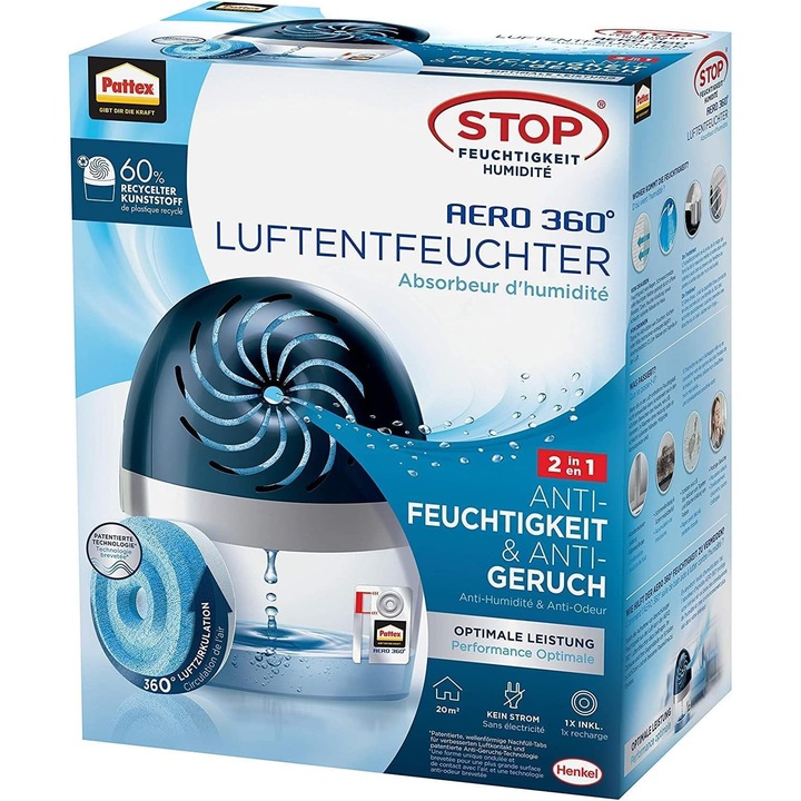 Deumidificator Pattex Aero 360, absorbanță ultra, 450g, fără electricitate, protecție anti-scurgere