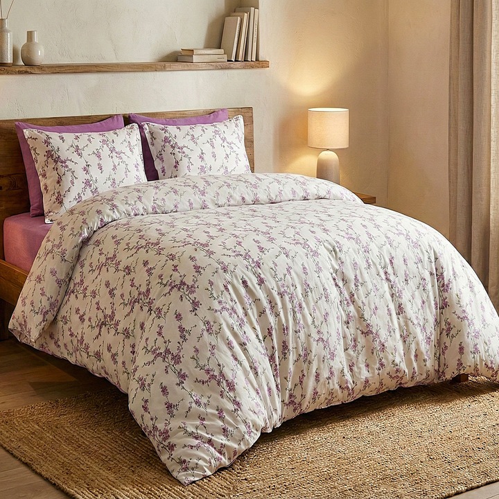 Lenjerie pat Ranforce Cotton Pro Bumbac 100%, King Size cu husa, 4 piese Crengute cu flori Lila RCP54 Ralex Pucioasa