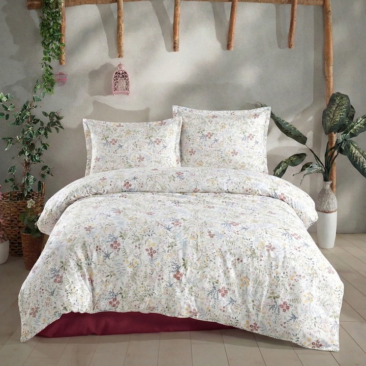 Ranforce Cotton Pro 100% pamut ágynemű, King Size huzattal, 4 részes Apró virágok Krém/Piros RCP53 Ralex Pucioasa