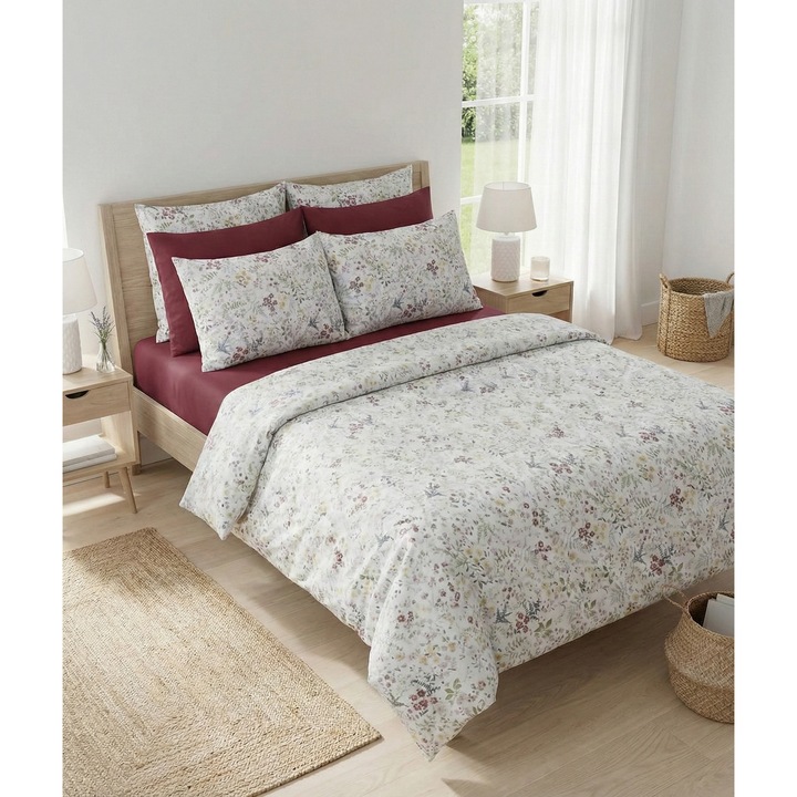 Ranforce Cotton Pro 100% pamut ágynemű, 1 személyes huzattal, 3 részes, apró virágos, krém/piros RCP53