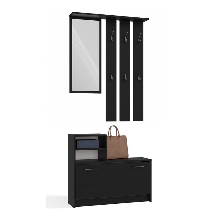 Set cuier cu oglinda si dulap pentru incaltaminte Vera, negru, 85x24x180cm